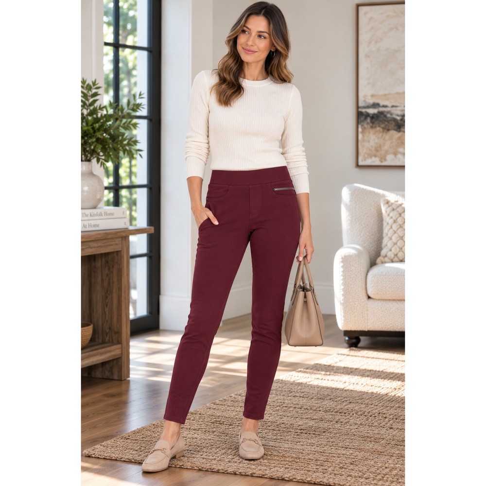 DKNY Jeans Women S Burgundy Pull On Skinny Pants Stretch Zip Pocket Ponte